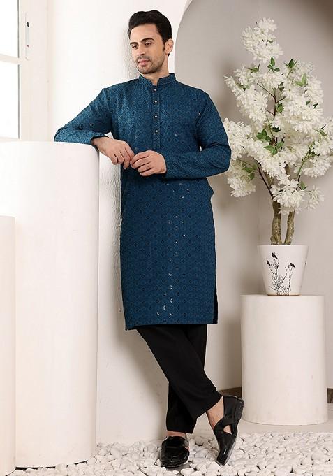 Blue Embellished Viscose Silk Kurta For Men