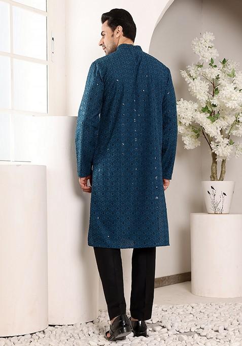 Blue Embellished Viscose Silk Kurta For Men