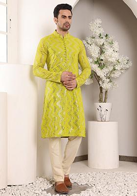 Mustard Yellow Embellished Viscose Silk Kurta For Men
