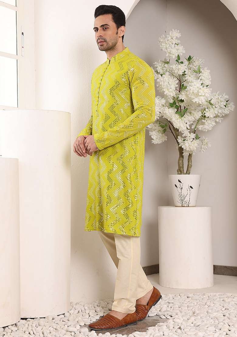 Mustard Yellow Embellished Viscose Silk Blend Kurta For Men - Indya