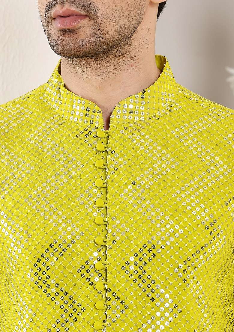 Mustard Yellow Embellished Viscose Silk Blend Kurta For Men - Indya
