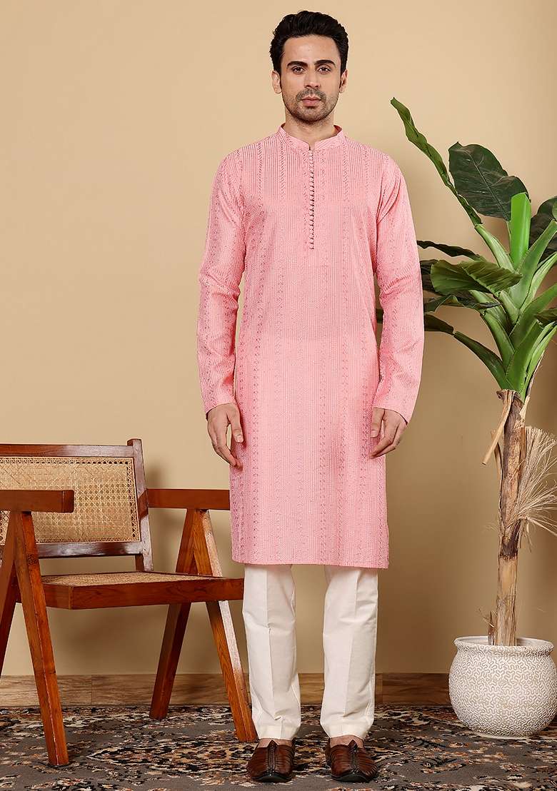 Pink Embellished Viscose Silk Kurta For Men - Indya