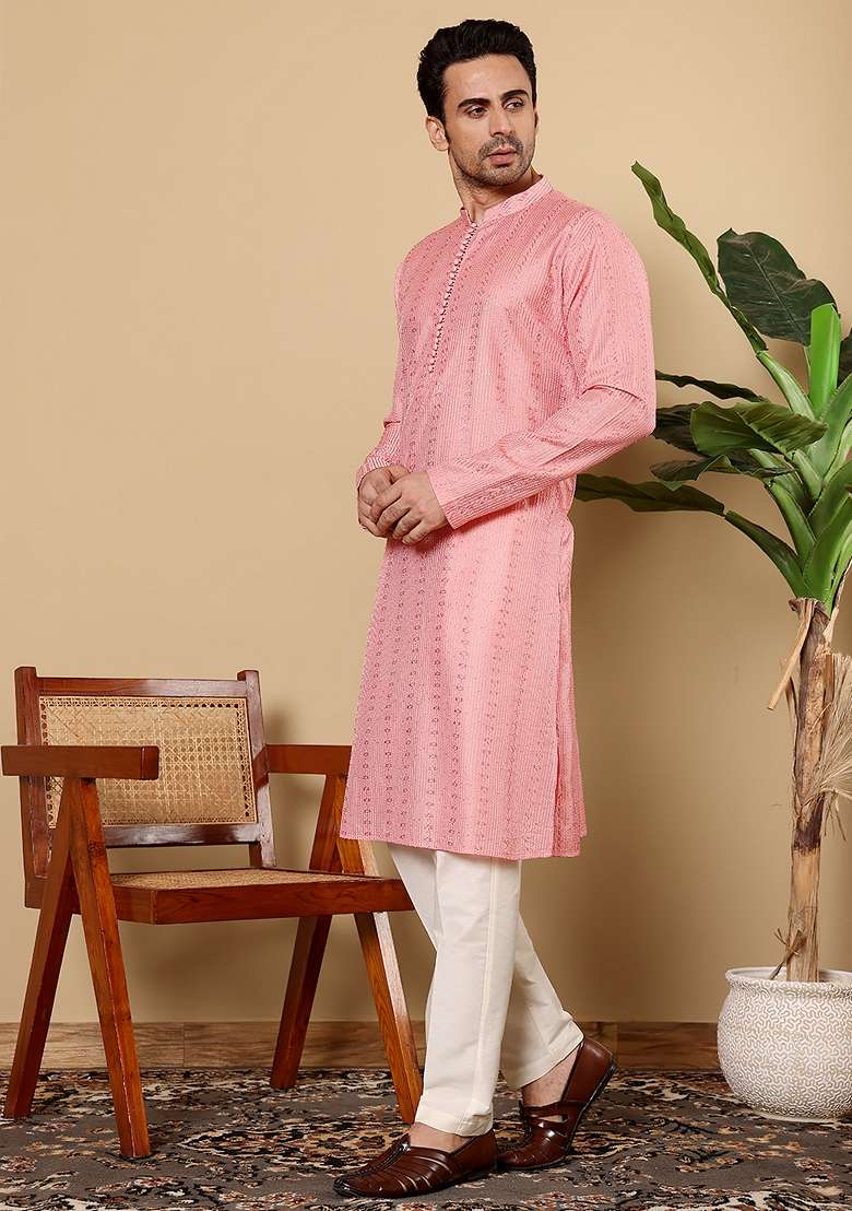 Pink Embellished Viscose Silk Kurta For Men - Indya