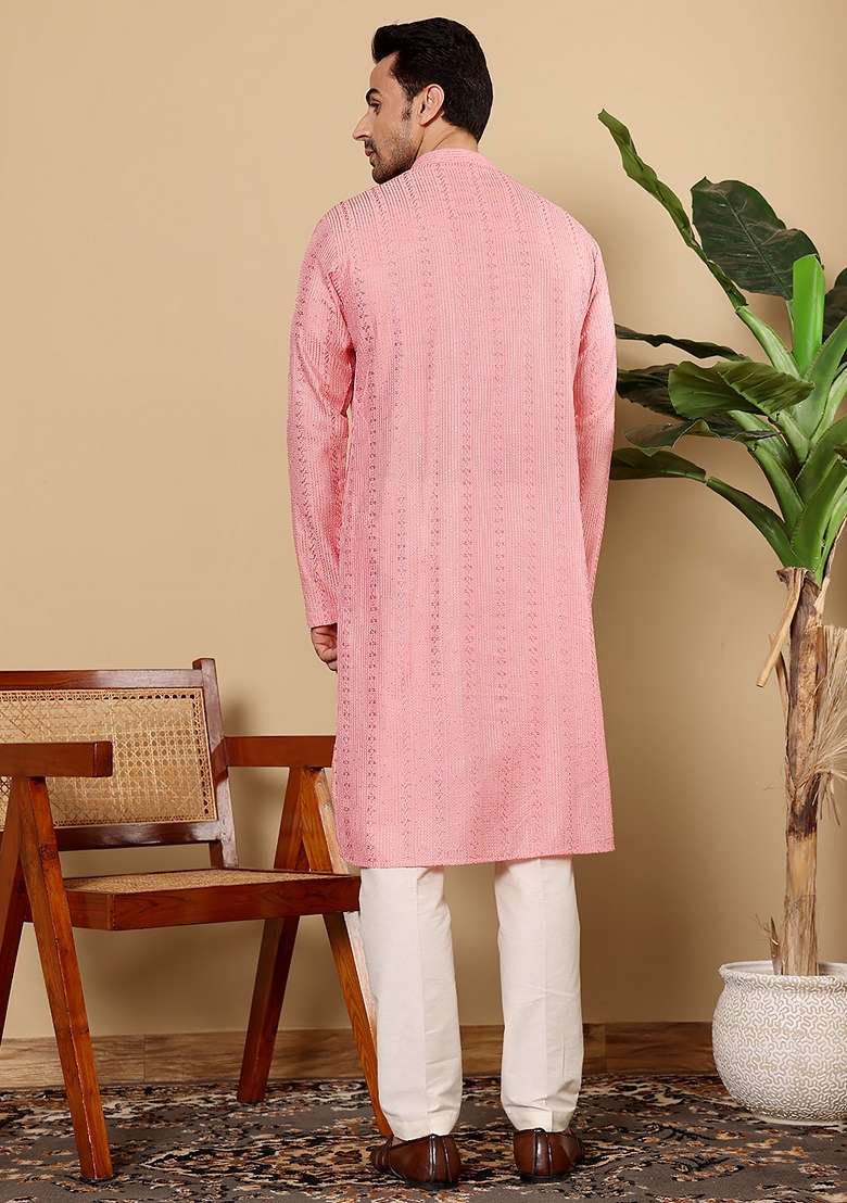 Pink Embellished Viscose Silk Kurta For Men - Indya