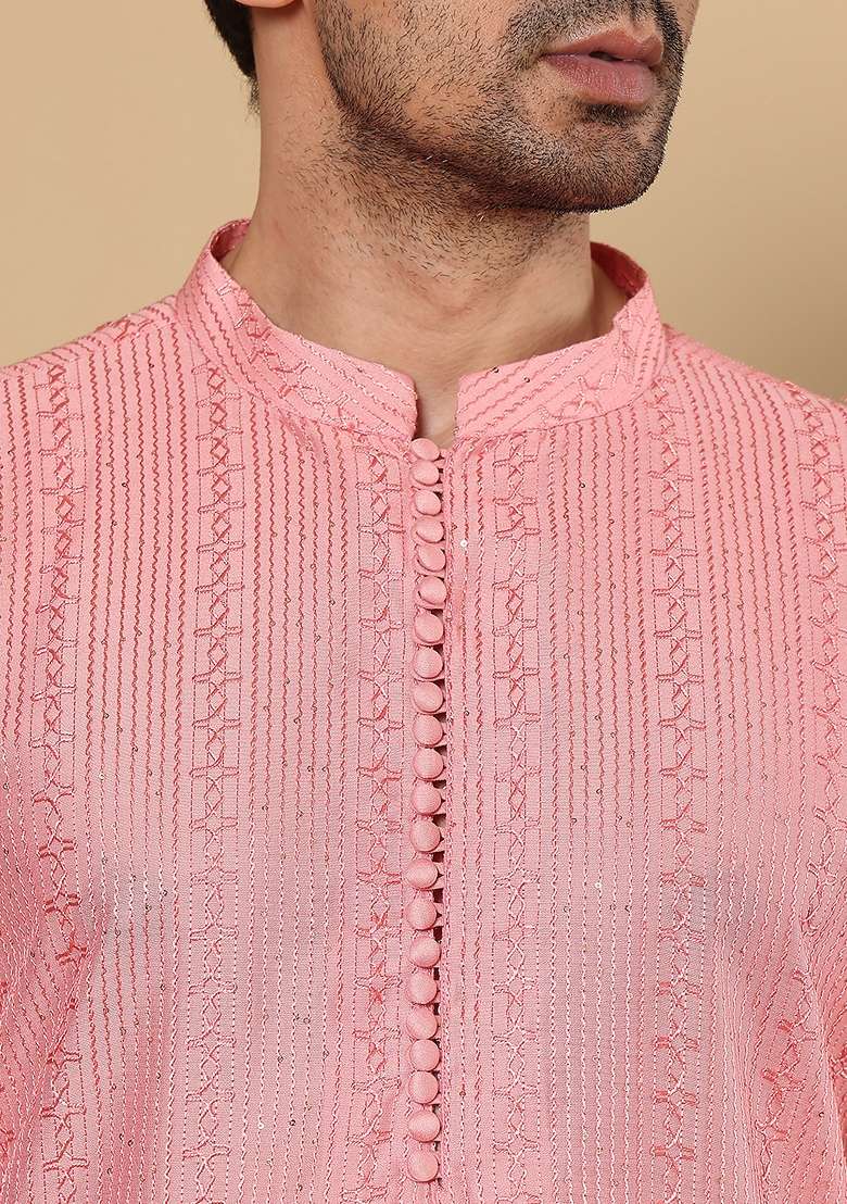 Pink Embellished Viscose Silk Kurta For Men - Indya