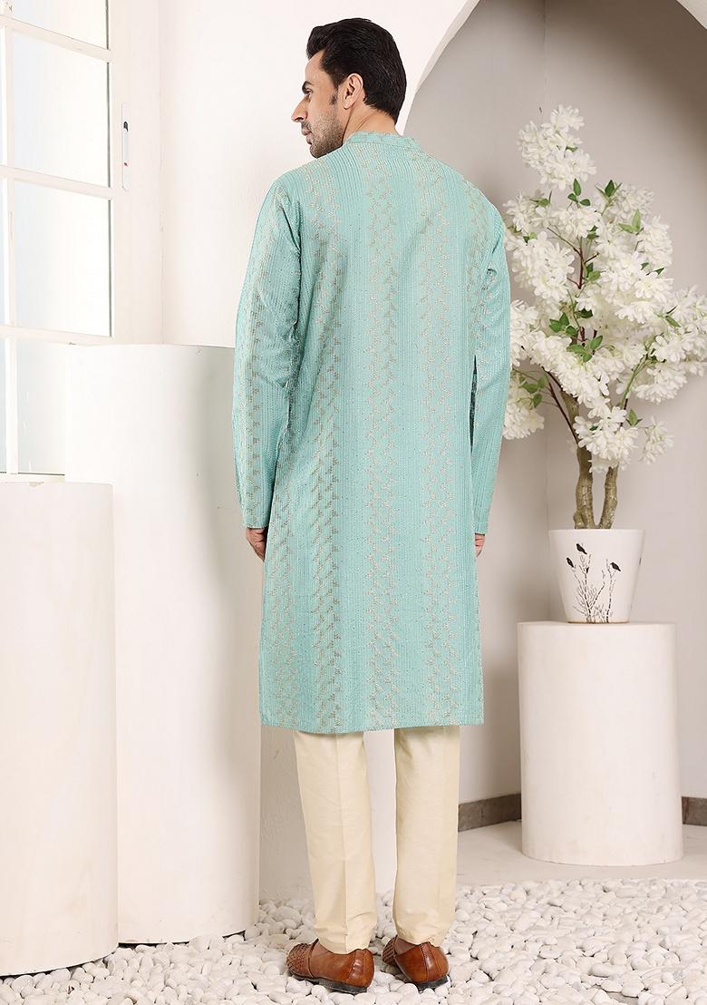 Sea Green Embellished Cotton Kurta For Men