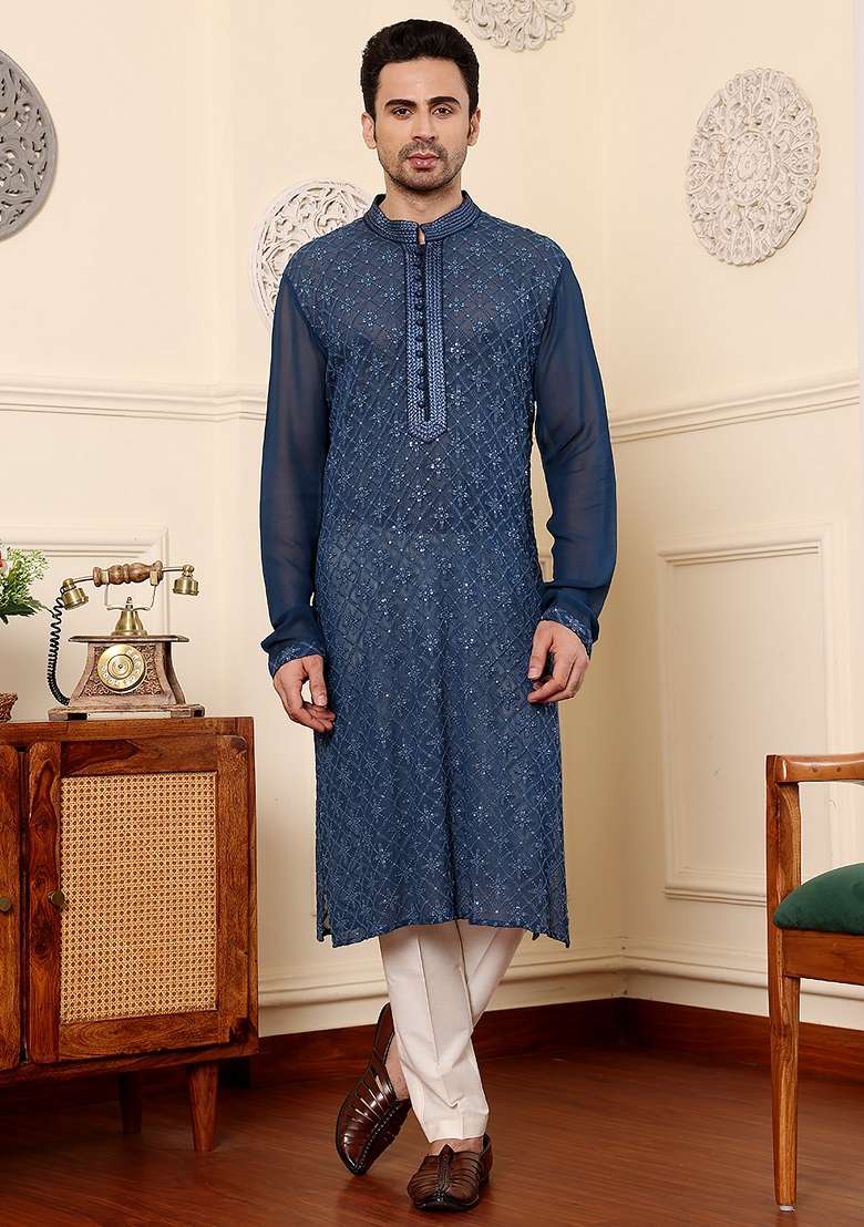 Blue Embellished Viscose Georgette Kurta For Men - Indya