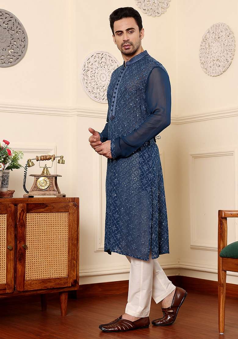 Blue Embellished Viscose Georgette Kurta For Men - Indya