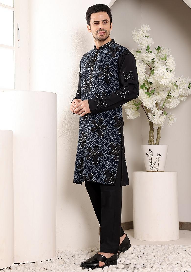 Blue Embellished Rayon Silk Kurta For Men