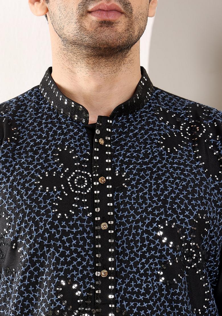 Blue Embellished Rayon Silk Kurta For Men