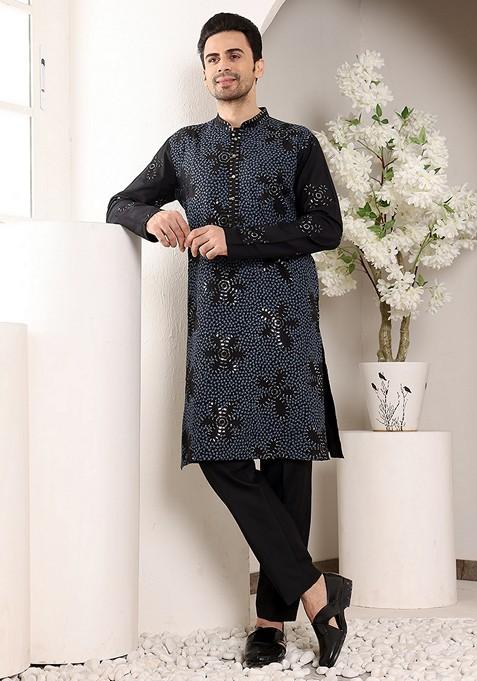 Blue Embellished Rayon Silk Kurta For Men