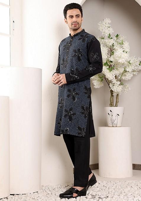 Blue Embellished Rayon Silk Kurta For Men