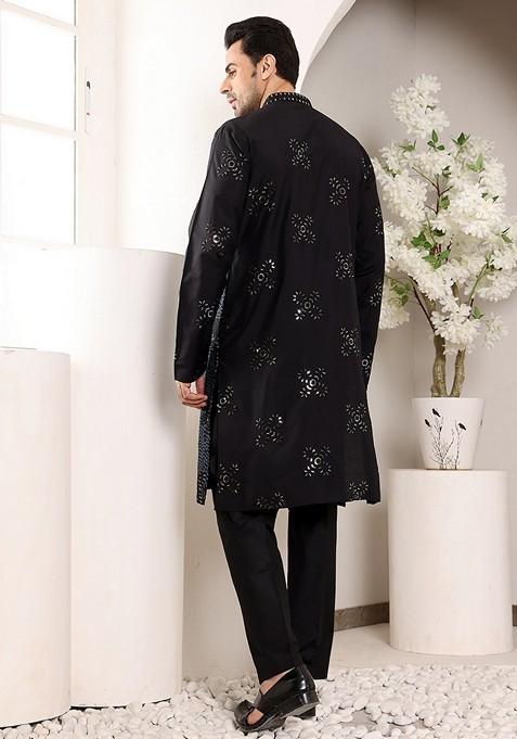 Blue Embellished Rayon Silk Kurta For Men