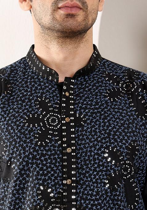 Blue Embellished Rayon Silk Kurta For Men