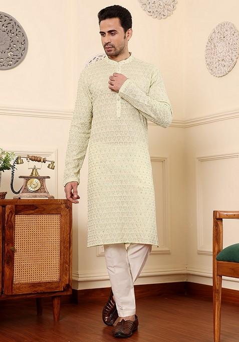 Cream Embellished Rayon Silk Kurta For Men