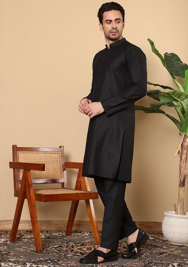 Black Solid Viscose Silk Kurta For Men