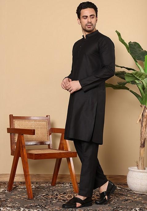 Black Solid Viscose Silk Kurta For Men