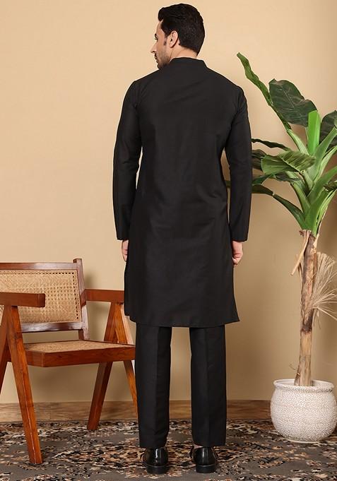 Black Solid Viscose Silk Kurta For Men