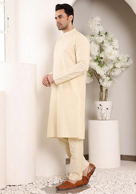 Cream Solid Viscose Silk Kurta For Men