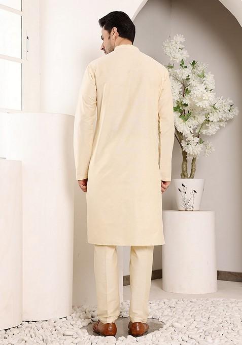 Cream Solid Viscose Silk Kurta For Men