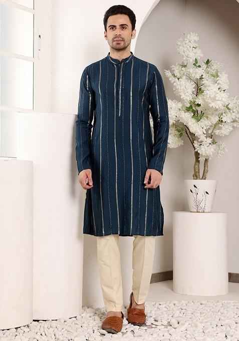 Blue Embellished Viscose Silk Kurta For Men