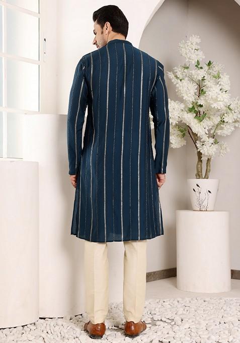 Blue Embellished Viscose Silk Kurta For Men