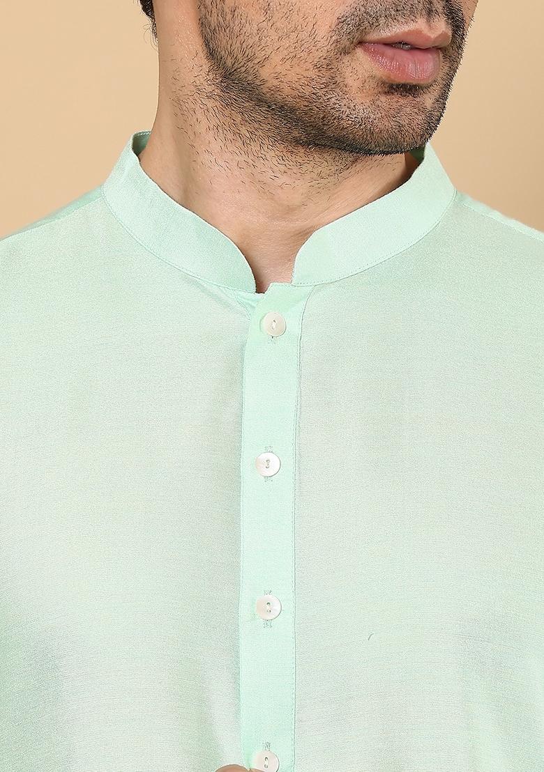 Sea Green Solid Viscose Silk Kurta For Men