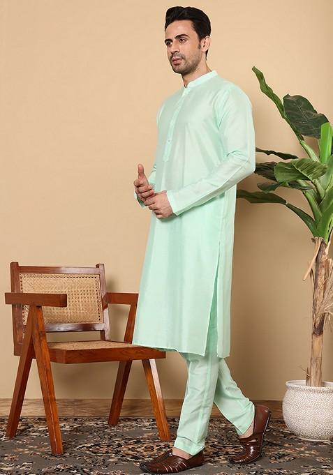 Sea Green Solid Viscose Silk Kurta For Men