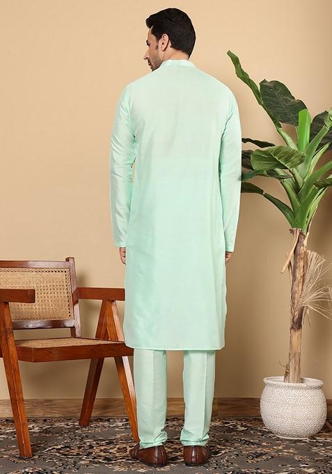 Sea Green Solid Viscose Silk Kurta For Men