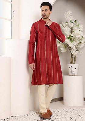 Red Embellished Viscose Silk Kurta For Men