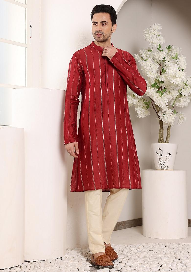 Red Embellished Viscose Silk Kurta For Men