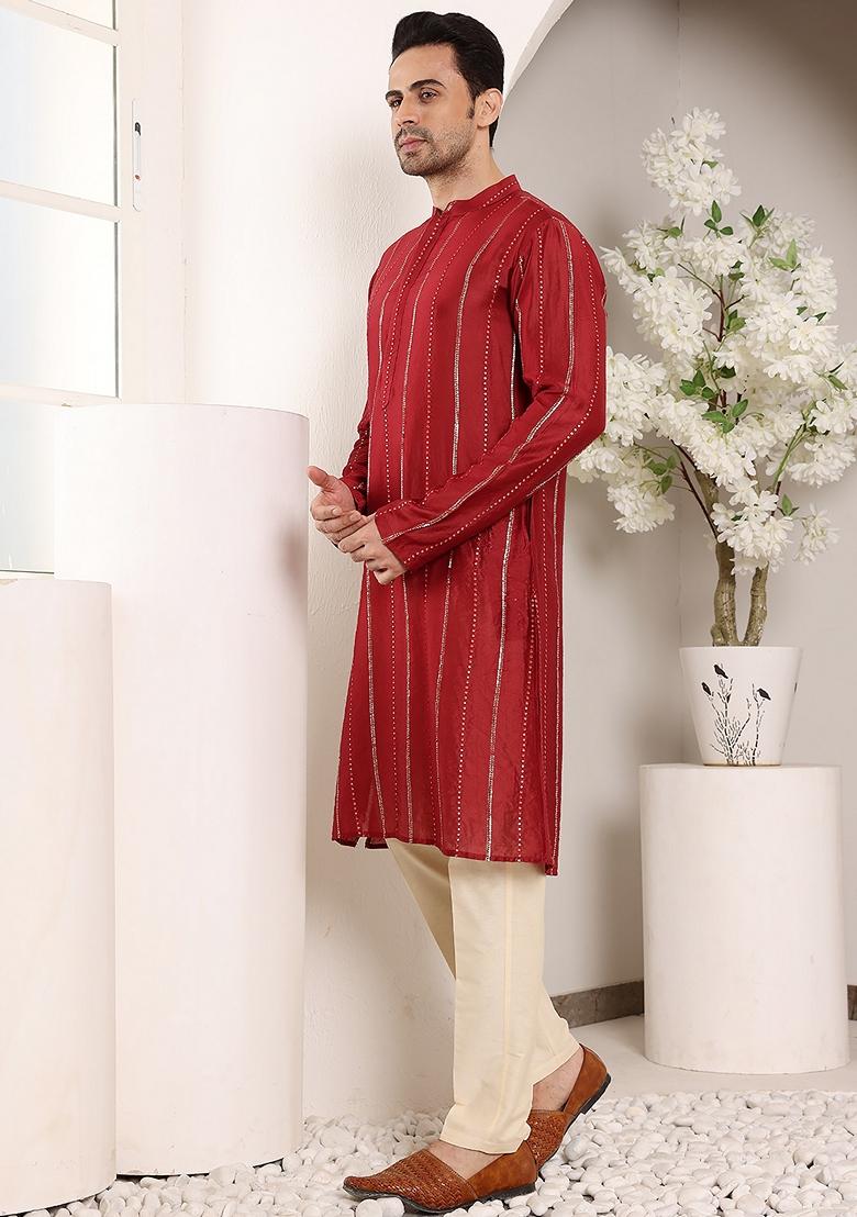 Red Embellished Viscose Silk Kurta For Men
