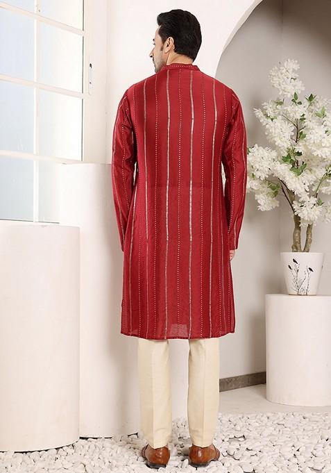 Red Embellished Viscose Silk Kurta For Men