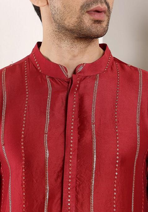 Red Embellished Viscose Silk Kurta For Men