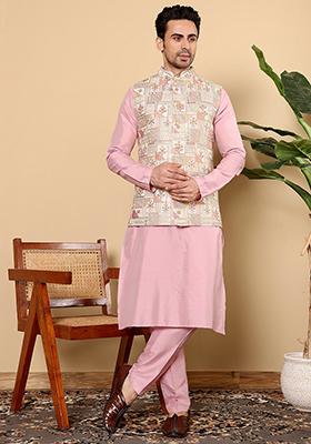Pink Embroidered Viscose Dupion Silk Nehru Jacket And Kurta Set