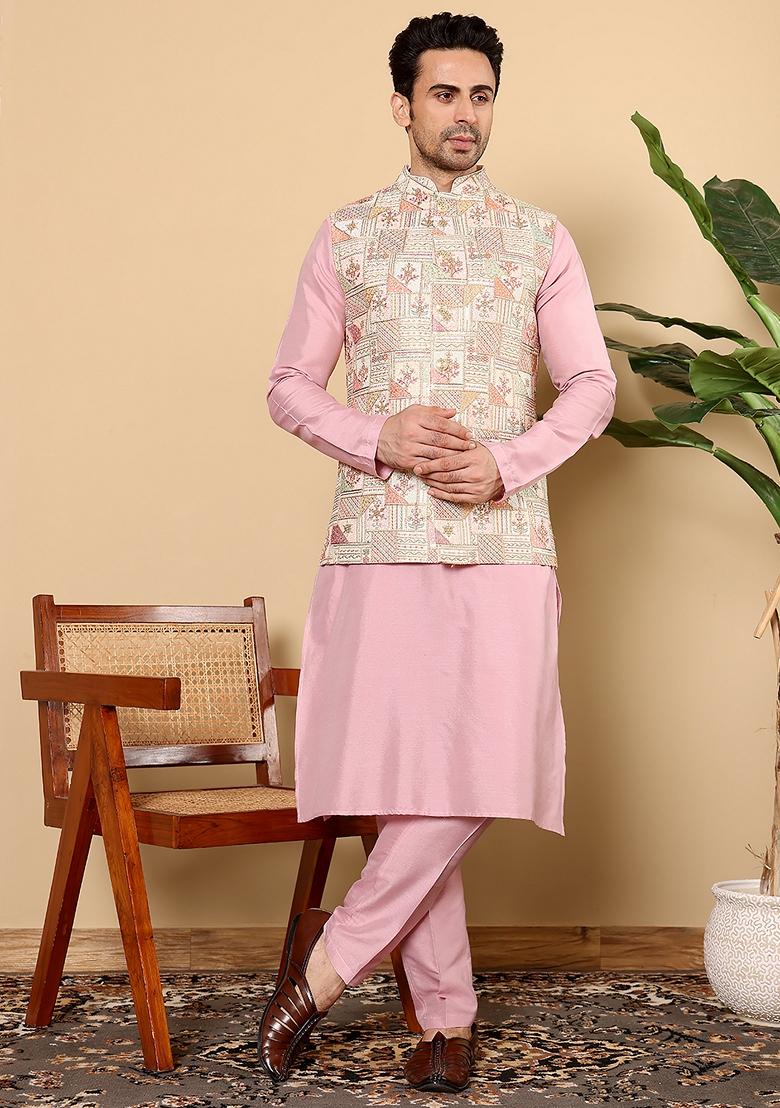 Pink Embroidered Viscose Dupion Silk Nehru Jacket And Kurta Set