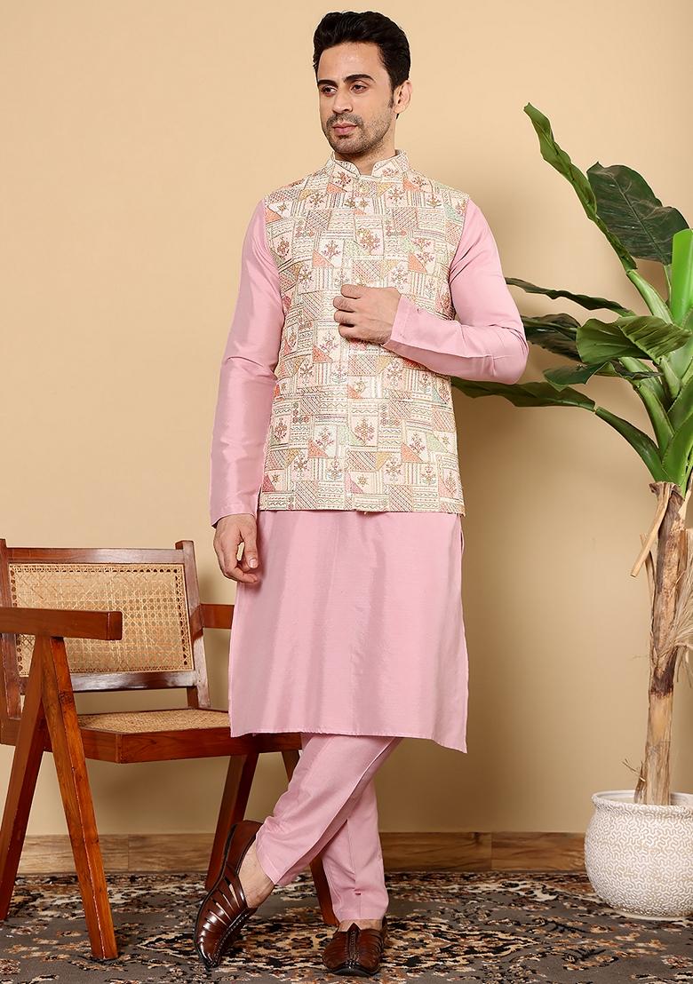 Pink Embroidered Viscose Dupion Silk Nehru Jacket And Kurta Set