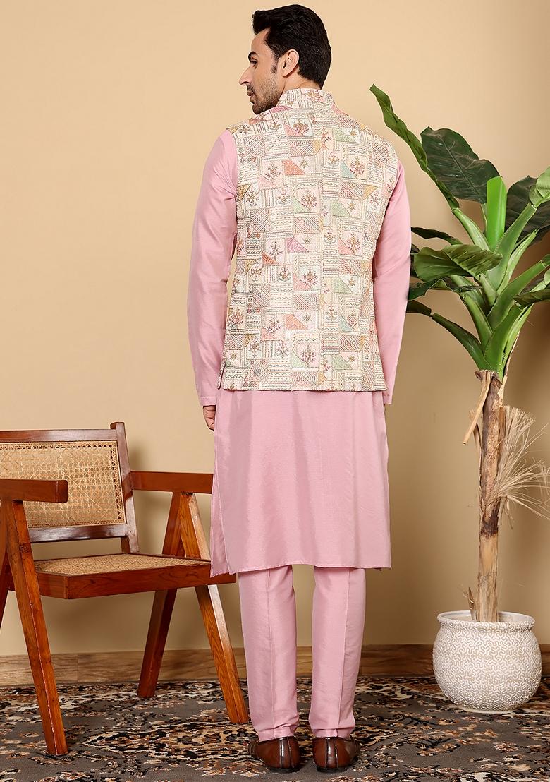 Pink Embroidered Viscose Dupion Silk Nehru Jacket And Kurta Set