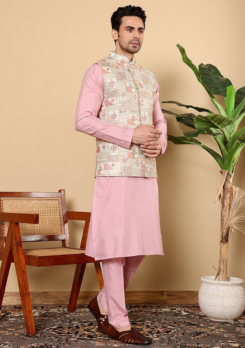 Pink Embroidered Viscose Dupion Silk Nehru Jacket And Kurta Set