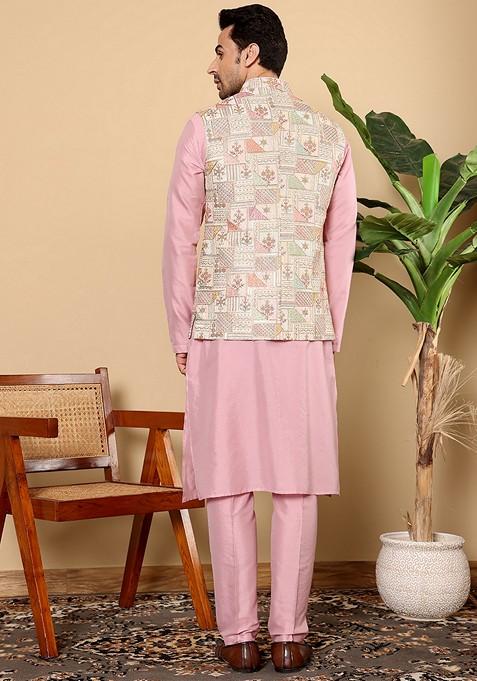 Pink Embroidered Viscose Dupion Silk Nehru Jacket And Kurta Set
