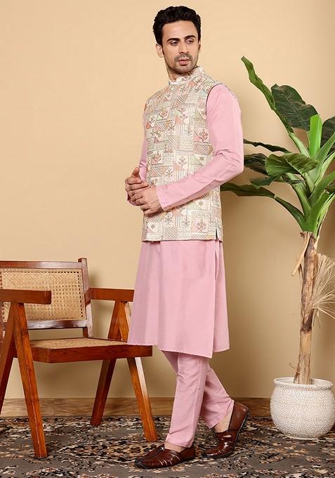 Pink Embroidered Viscose Dupion Silk Nehru Jacket And Kurta Set