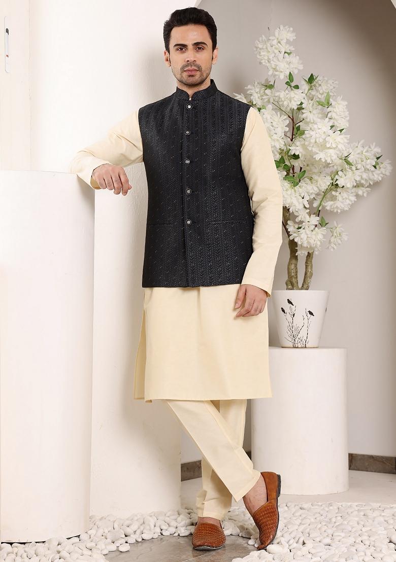 Black Embroidered Rayon Silk Nehru Jacket And Kurta Set