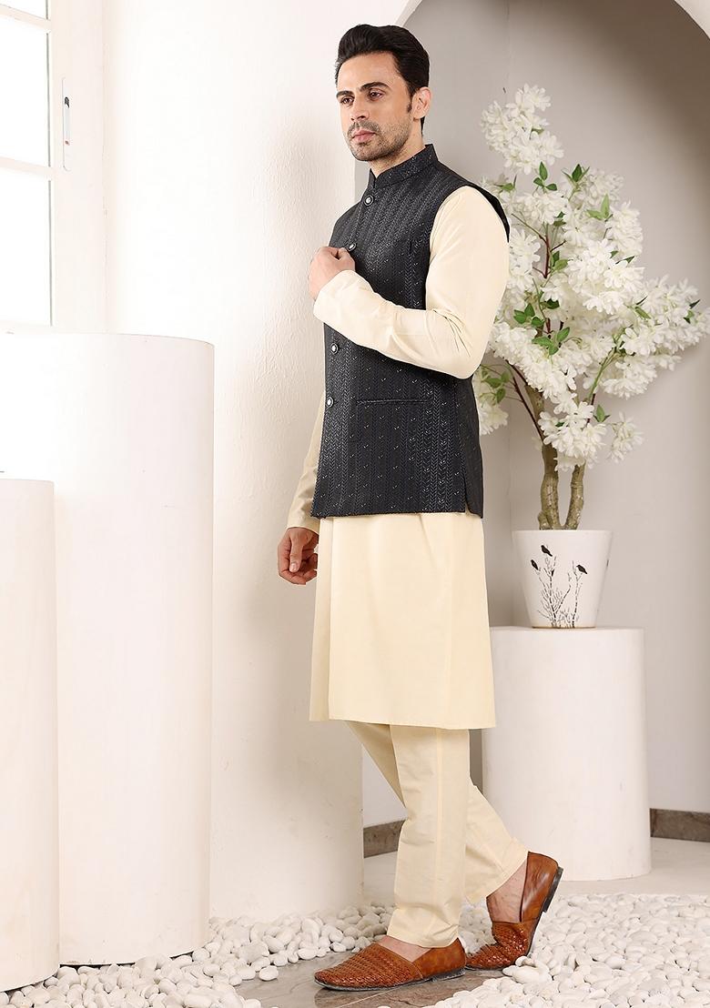 Black Embroidered Rayon Silk Nehru Jacket And Kurta Set