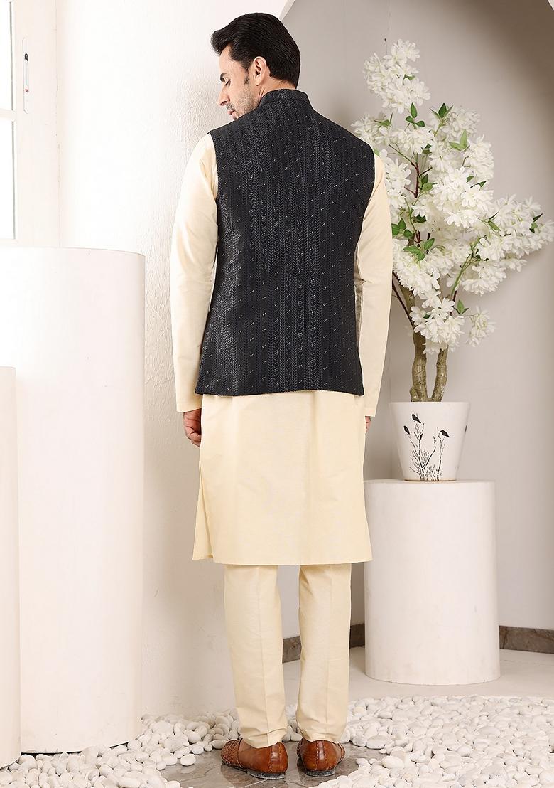 Black Embroidered Rayon Silk Nehru Jacket And Kurta Set
