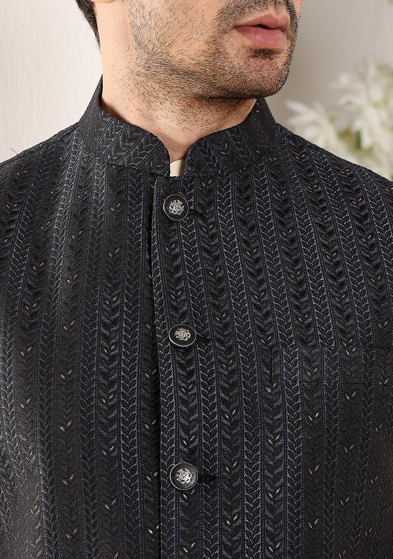 Black Embroidered Rayon Silk Nehru Jacket And Kurta Set
