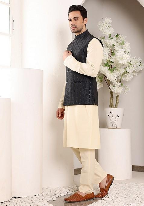 Black Embroidered Rayon Silk Nehru Jacket And Kurta Set