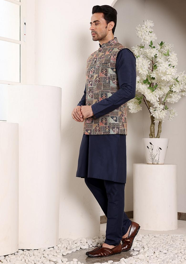 Multicolor Embroidered Viscose Dupion Silk Nehru Jacket And Kurta Set