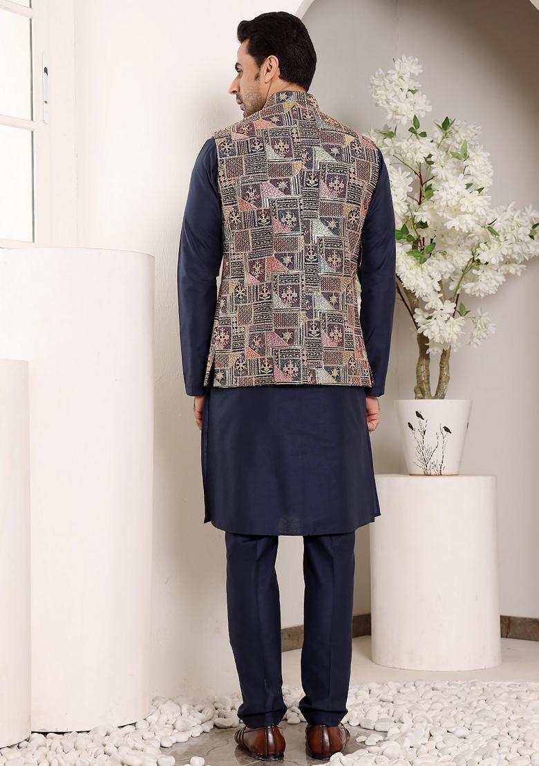 Multicolor Embroidered Viscose Dupion Silk Nehru Jacket And Kurta Set