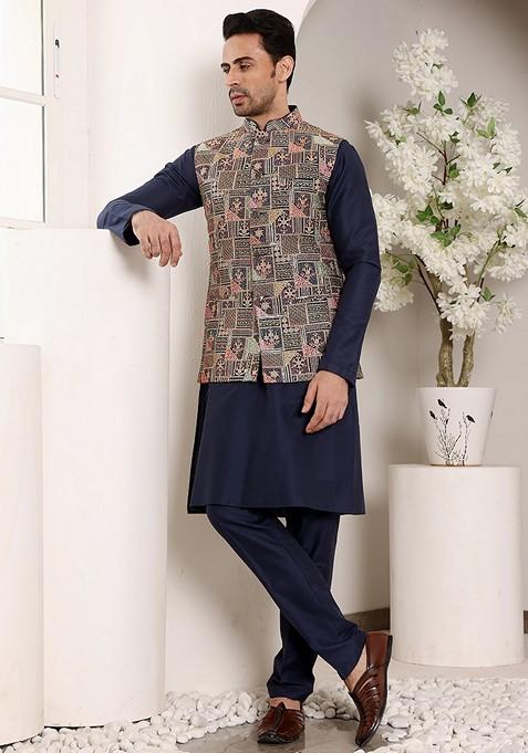 Multicolor Embroidered Viscose Dupion Silk Nehru Jacket And Kurta Set