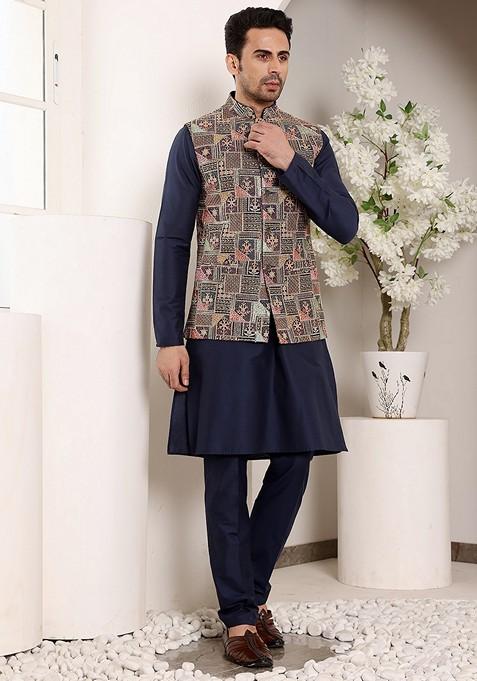 Multicolor Embroidered Viscose Dupion Silk Nehru Jacket And Kurta Set